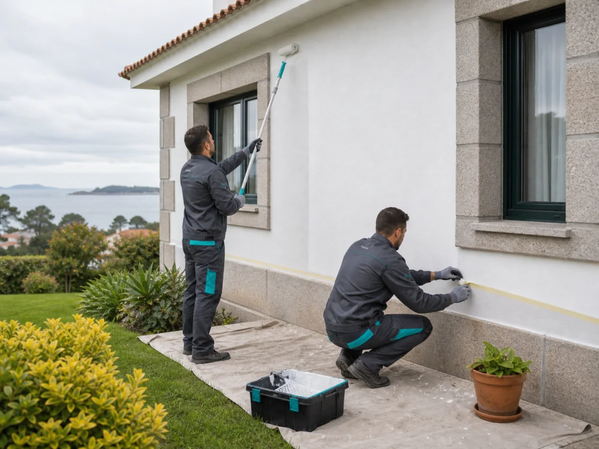 Dos profesionales pintando una fachada con granito en una vivienda de Sanxenxo