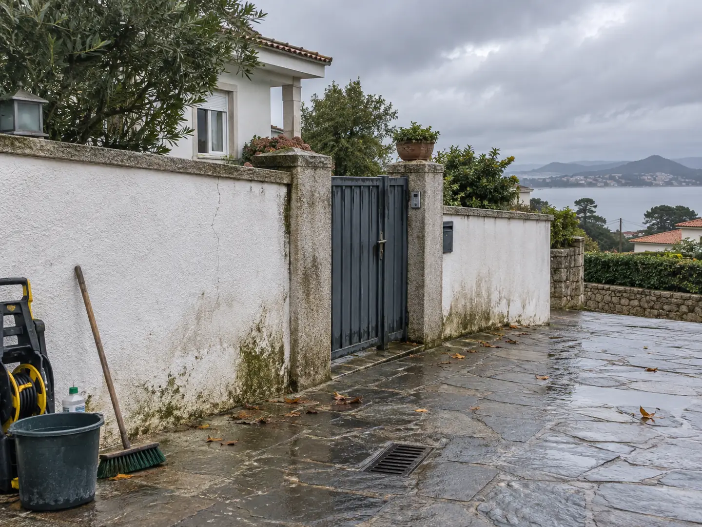 Muro exterior, cierre y pavimento húmedo antes de una revisión de mantenimiento en Sanxenxo